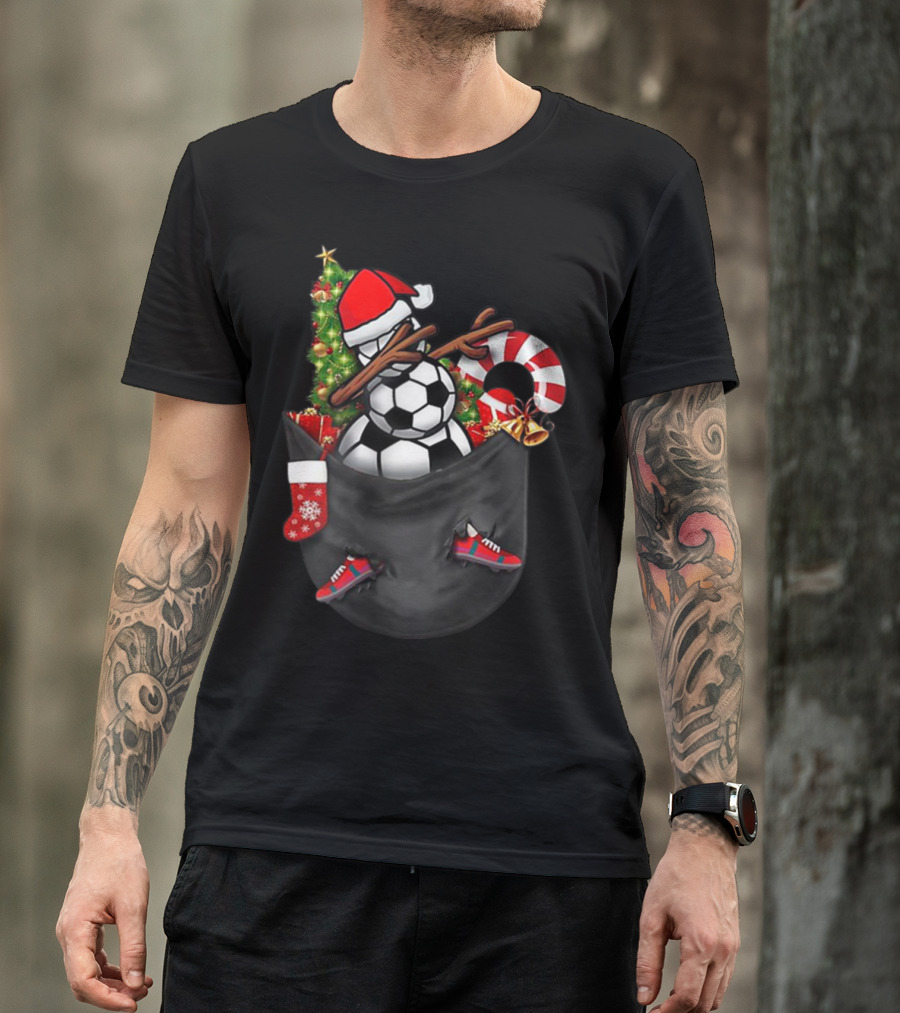 Dabbing Snowman With Soccer Ball And Christmas Decorations In Pocket T-Shirt