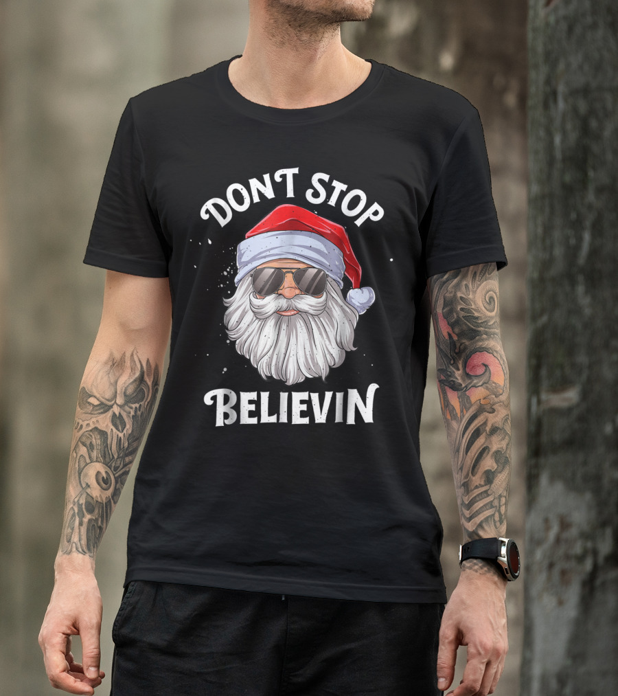 Dont Stop Believin Santa Christmas Boys Sunglasses Holiday T-Shirt
