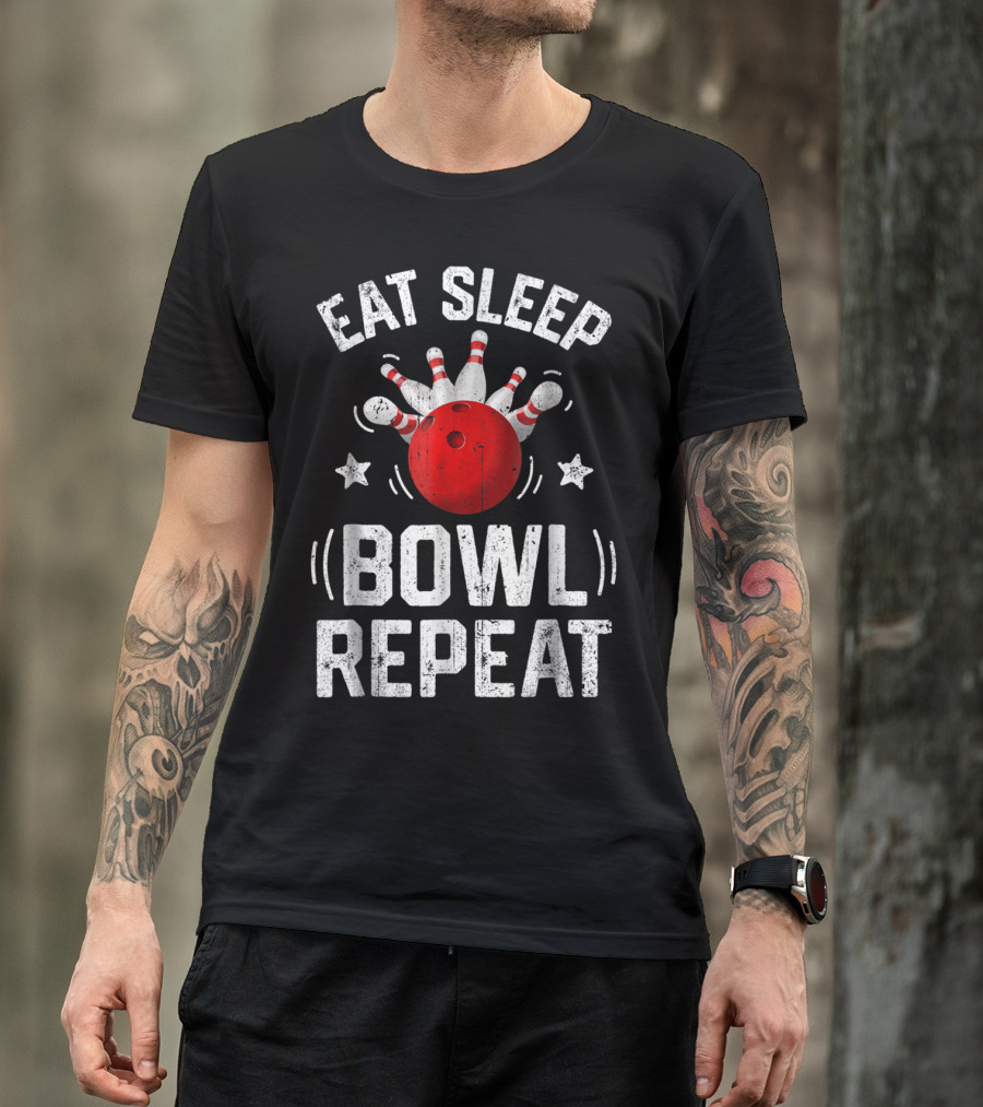 Eat Sleep Bowl Repeat Bowling Pins Stars Bowling Ball T-Shirt