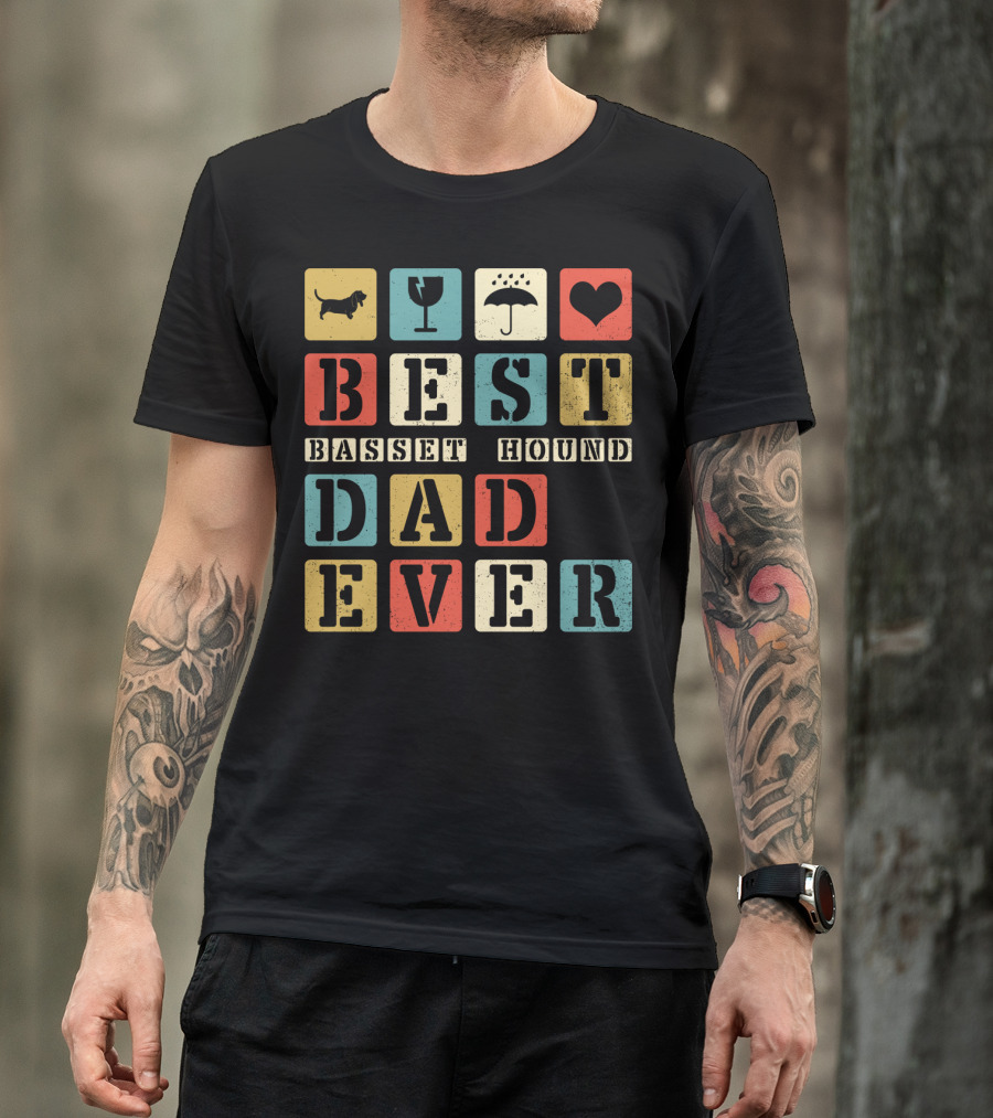 Best Basset Hound Dad Ever Vintage Style76 Retro Blocks T-Shirt