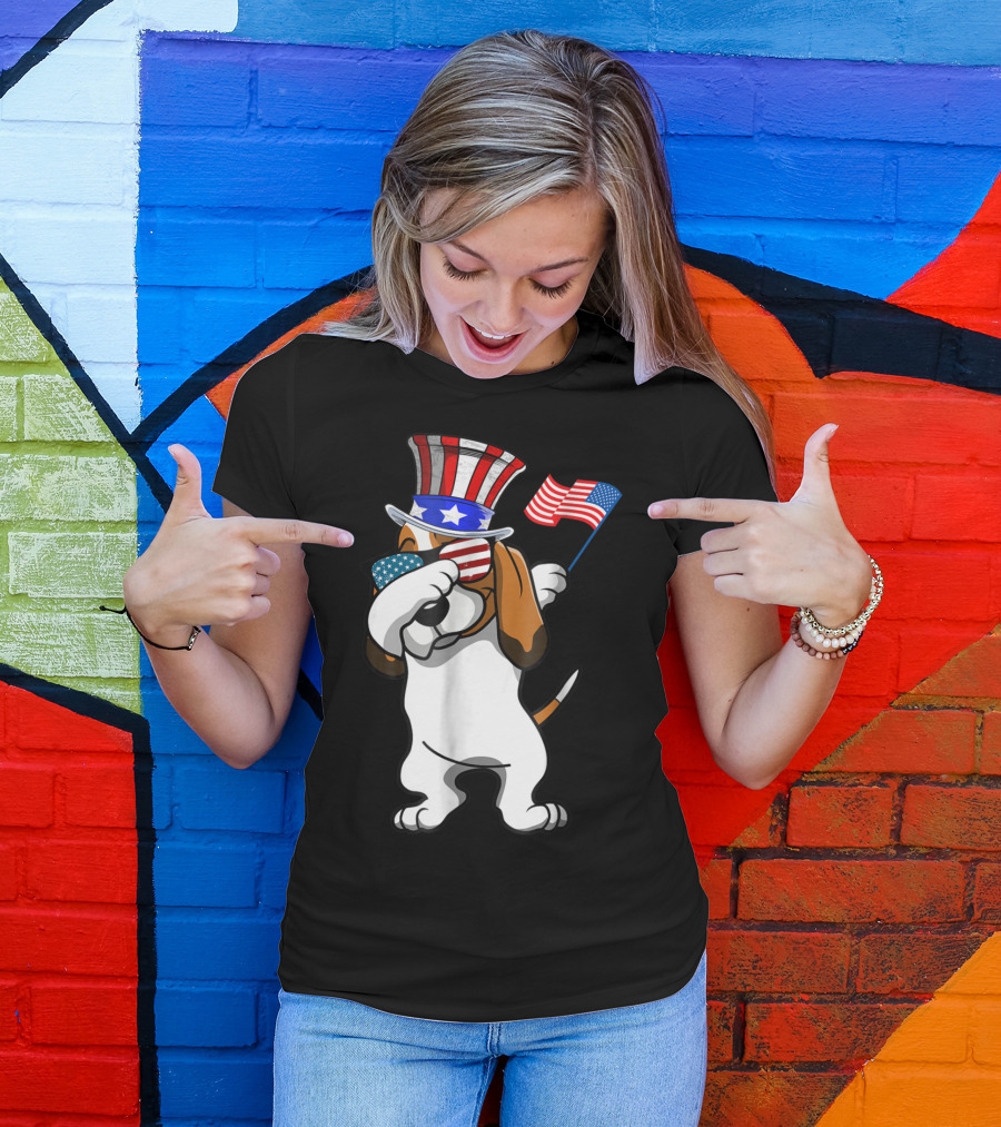 Basset Hound Dabbing Dog Dad American Flag 4th Of July T-Shirt
