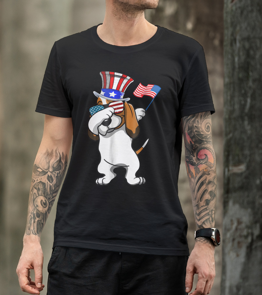 Basset Hound Dabbing Dog Dad American Flag 4th Of July T-Shirt