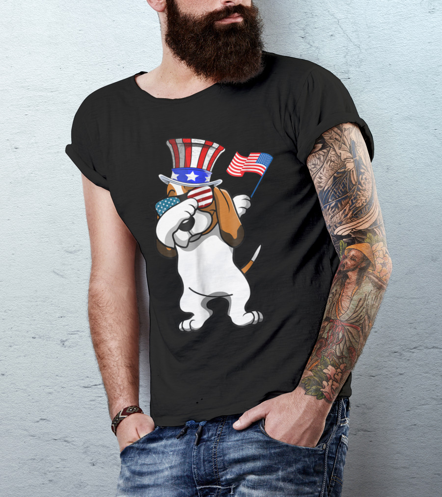 Basset Hound Dabbing Dog Dad American Flag 4th Of July T-Shirt