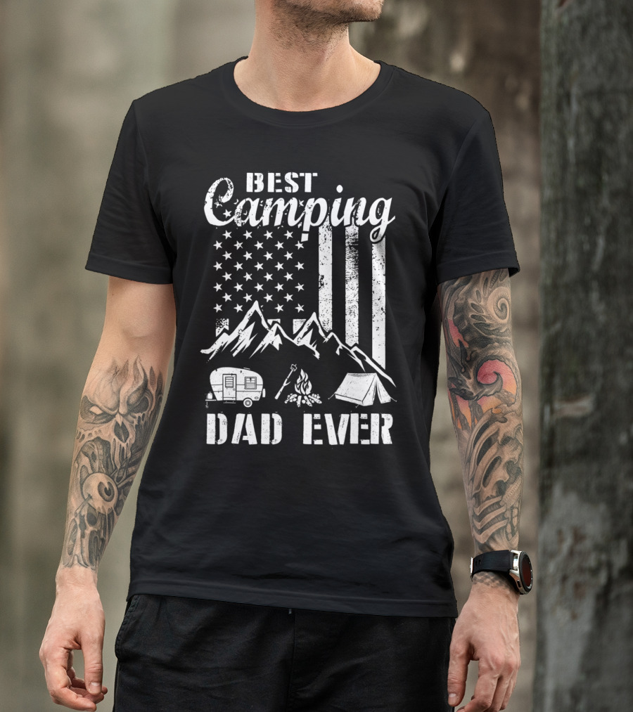 Best Camping Dad Ever American Flag Mountains Campfire Tent And Camper T-Shirt