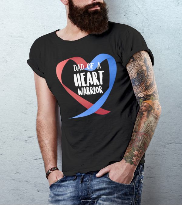 Dad Of A Heart Warrior CHD Awareness Red And Blue Ribbon Heart T-Shirt
