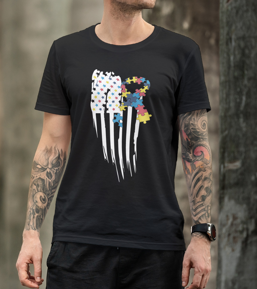 Autism Awareness Month Stars And Stripes Puzzle Ribbon Flag T-Shirt