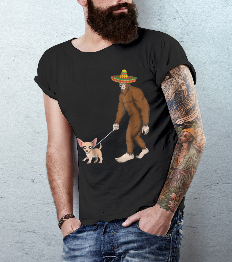 Bigfoot Sombrero Walking Chihuahua Cinco De Mayo T-Shirt