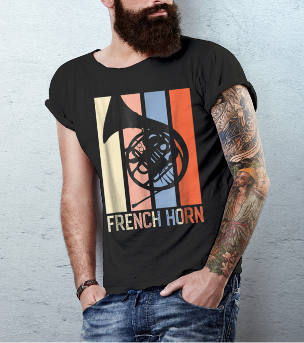 French Horn Dad Marching Band High School Strip Style Retro Music 22 T-Shirt