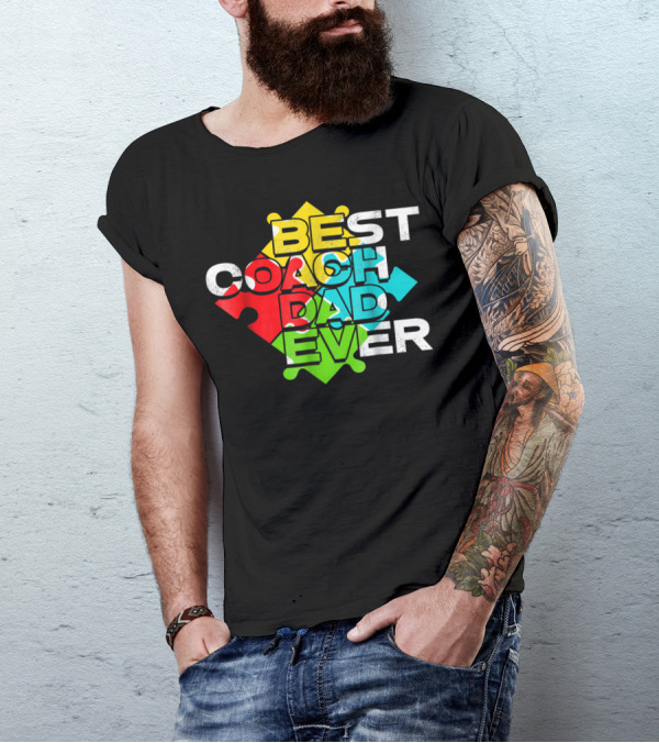 Best Coach Dad Ever Autism Puzzle Piece Colors 90s T-Shirt