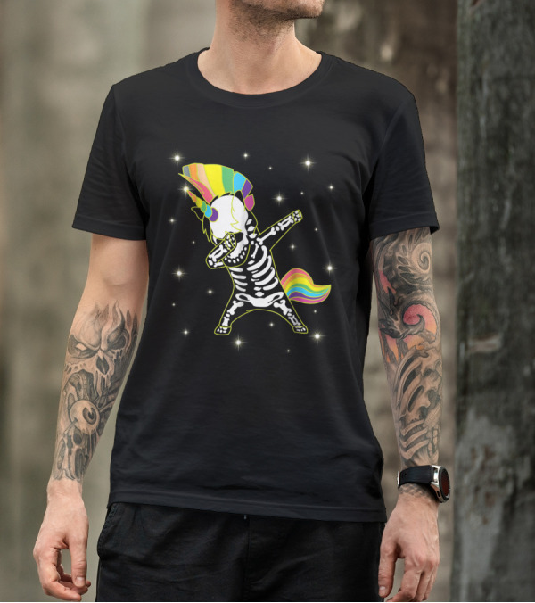 Dabbing Unicorn Skeleton Dad Hip Hop Xray Rainbow Mane Tail Starry Background T-Shirt
