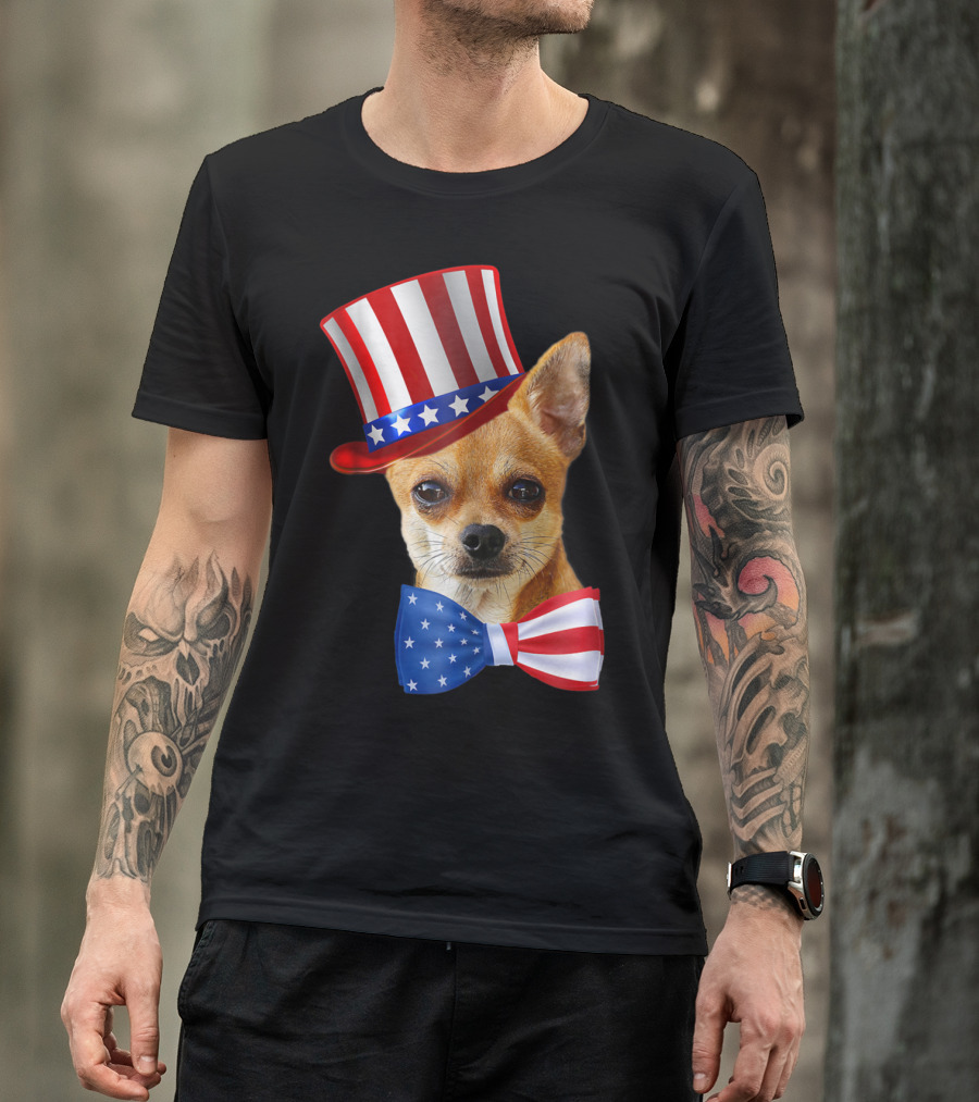Chihuahua Uncle Sam Hat And Bowtie American Flag T-Shirt