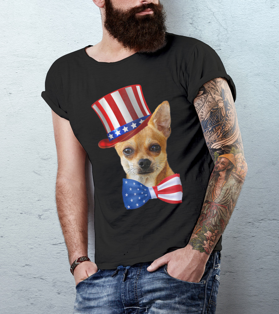 Chihuahua Uncle Sam Hat And Bowtie American Flag T-Shirt