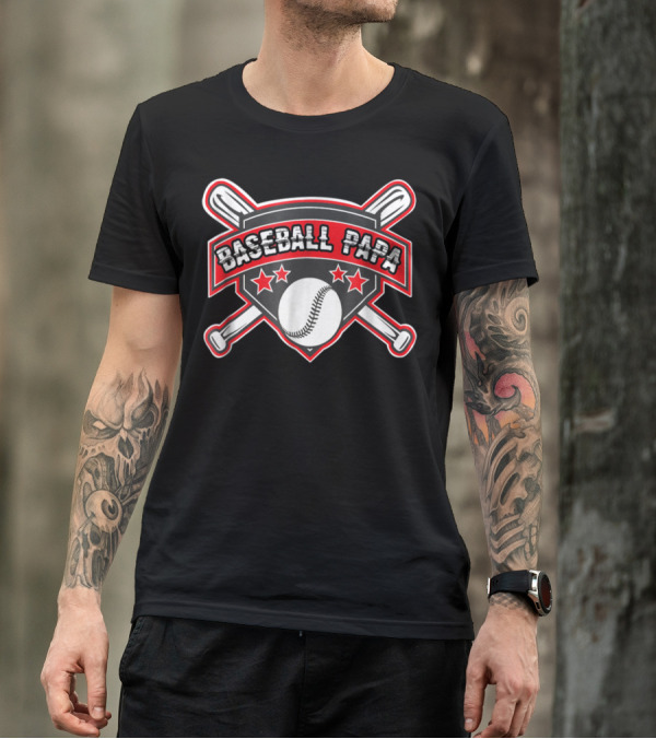Baseball Papa Shield With Crossed Bats And Stars T-Shirt