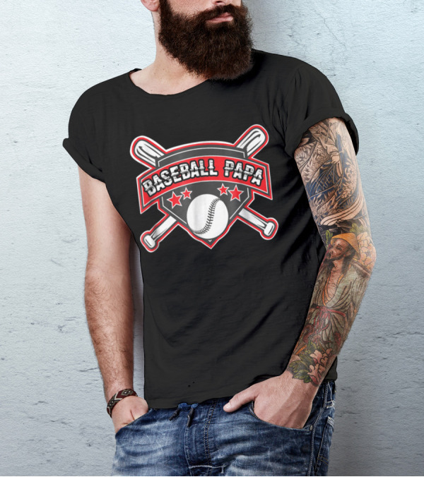 Baseball Papa Shield With Crossed Bats And Stars T-Shirt