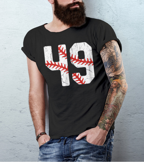 Baseball Player Jersey Number 49 Red Stitching T-Shirt