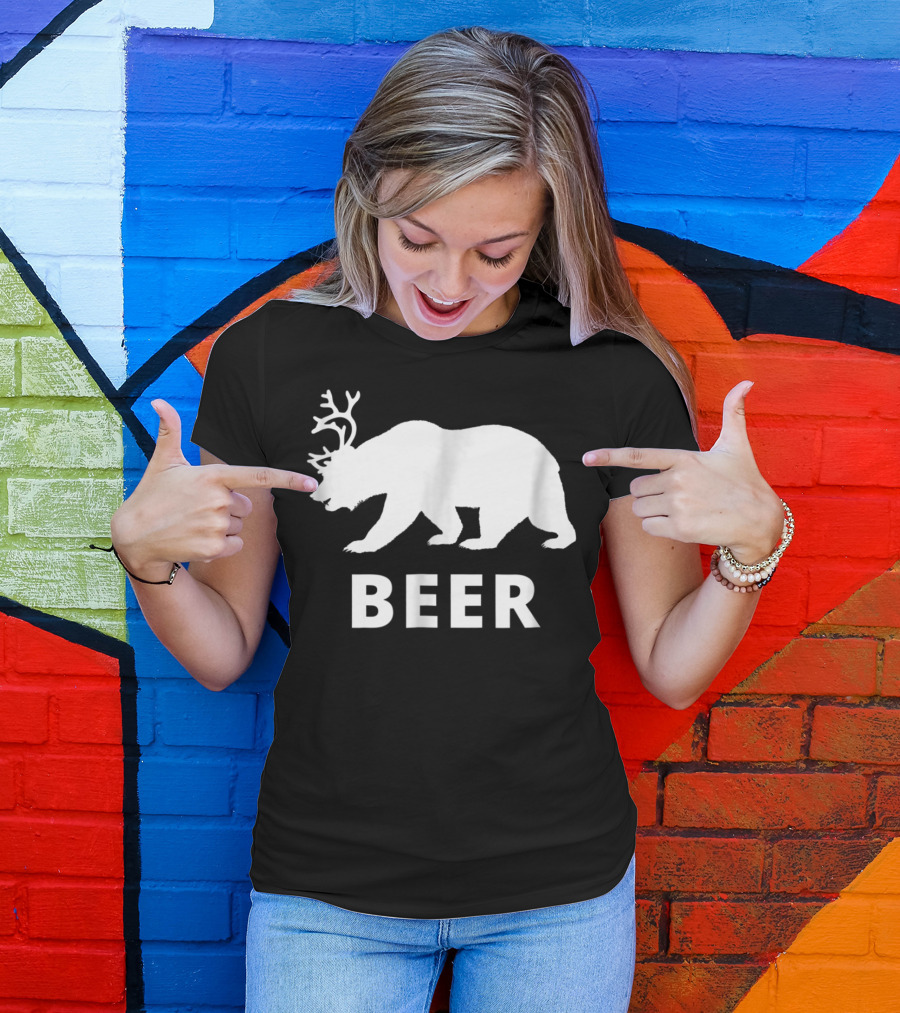 Beer Bear Antler Silhouette Funny Dad Hunter T-Shirt