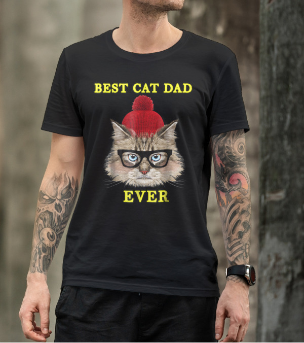 Best Cat Dad Ever Funny Pictoplast91 Red Beanie Glasses Cat T-Shirt