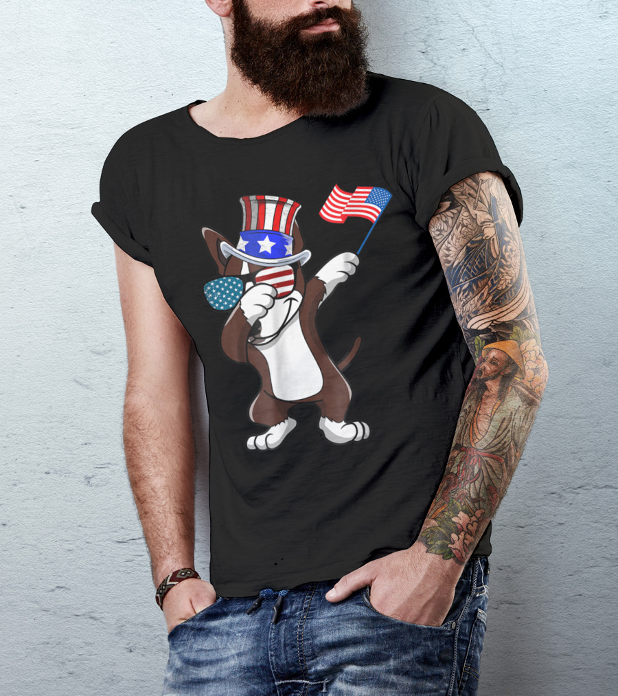 Bull Terrier Dabbing Dog Dad American Flag 4th Of July T-Shirt