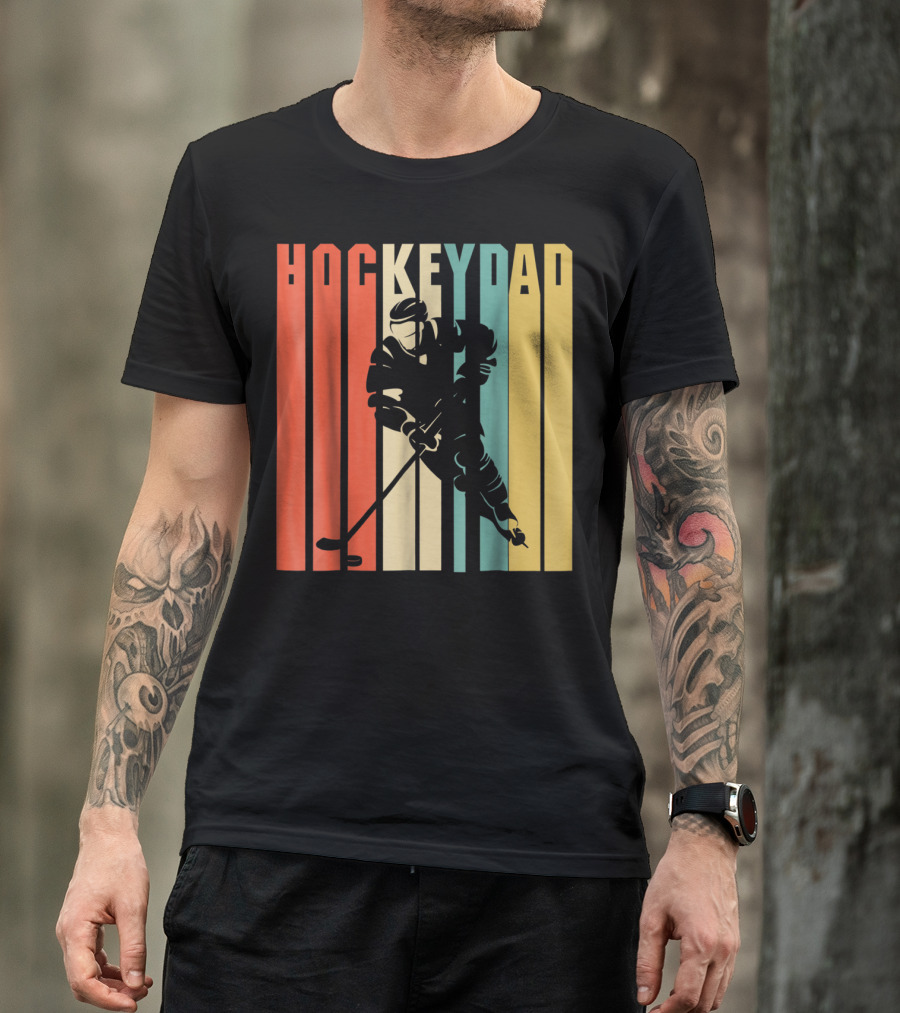 Classic Vintage Hockey Dad Player Silhouette Retro Stripes T-Shirt