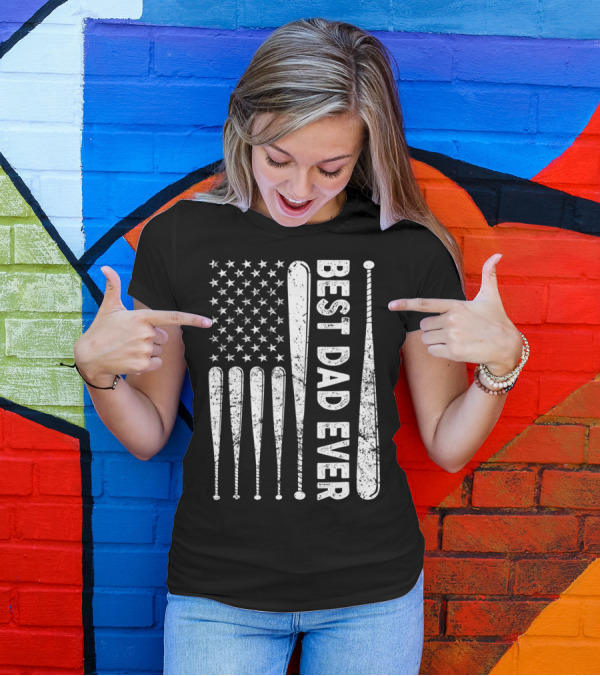 Best Dad Ever American Flag Baseball SoftballUSA T-Shirt