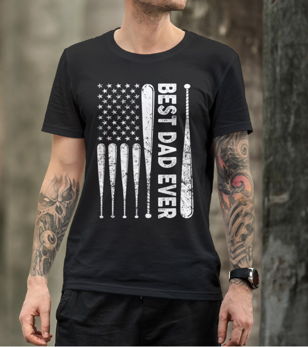 Best Dad Ever American Flag Baseball SoftballUSA T-Shirt