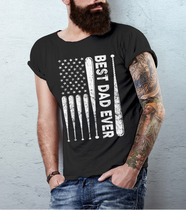 Best Dad Ever American Flag Baseball SoftballUSA T-Shirt