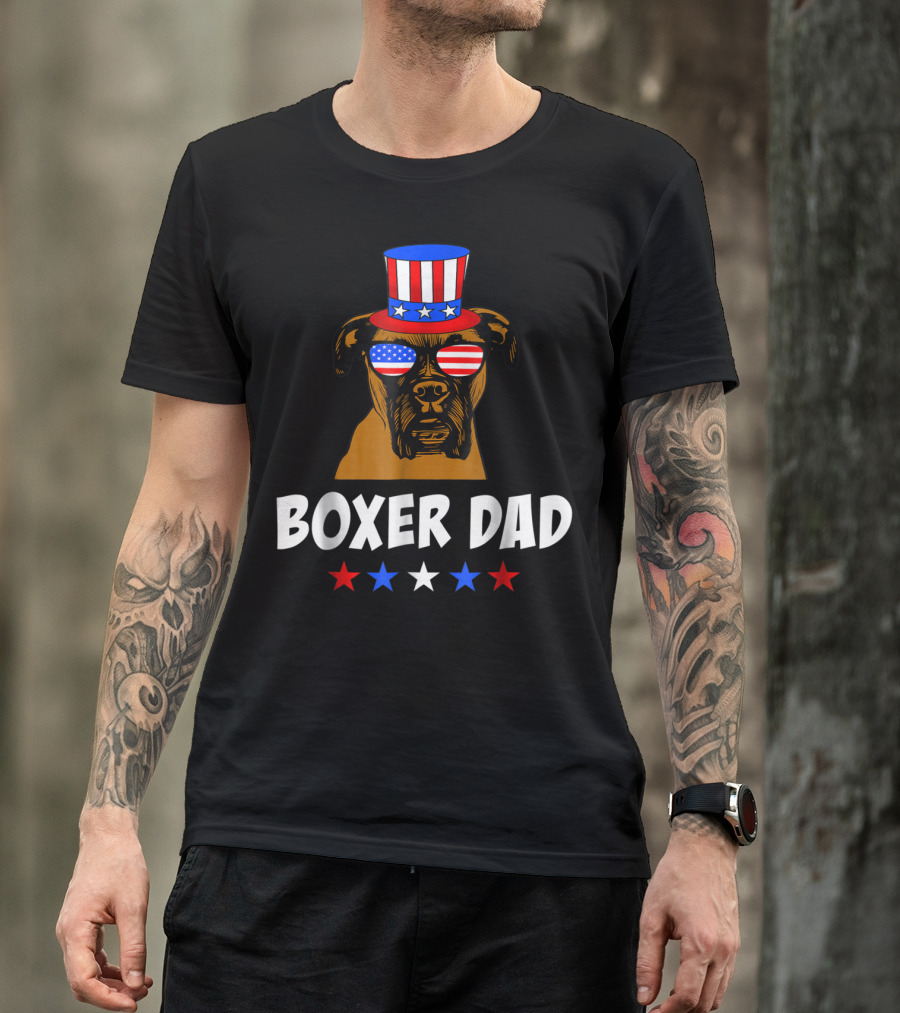 Boxer Dad USA Flag Sunglasses Uncle Sam Hat Stars 4th Of July T-Shirt