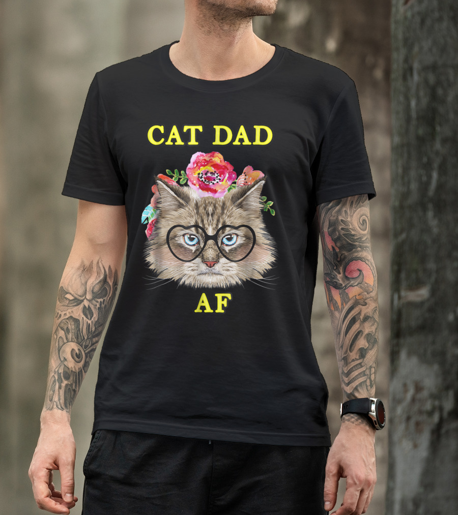 Funny Cat Dad AF With Floral Bouquet And Glasses T-Shirt