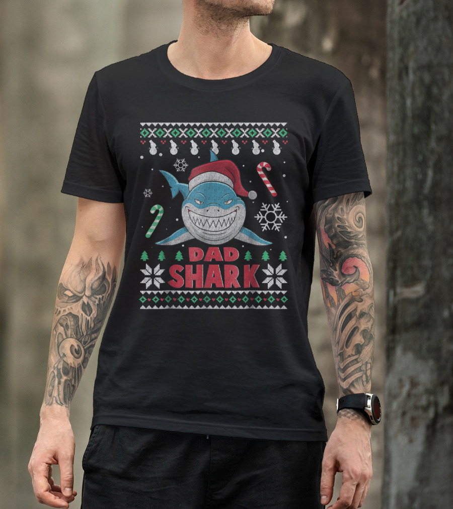 Dad Shark Ugly Christmas Sweater Santa Hat Candy Canes Snowflakes T-Shirt