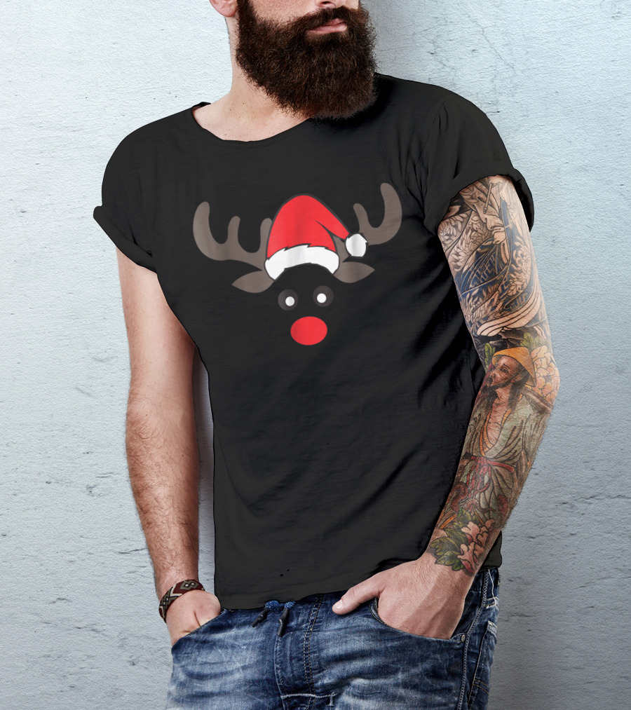 Family Christmas Card Photo Reindeer Dad Boy Men Santa Hat Red Nose T-Shirt