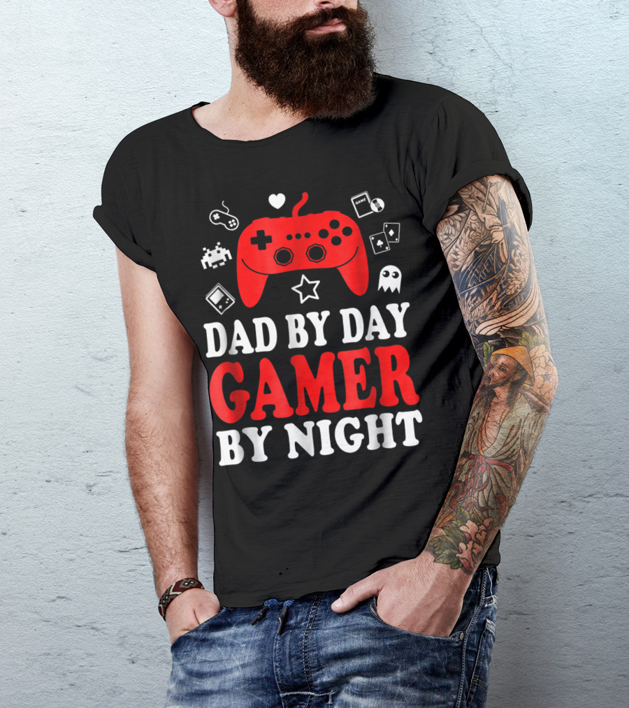 Dad By Day Gamer By Night Retro Controller And Icons T-Shirt