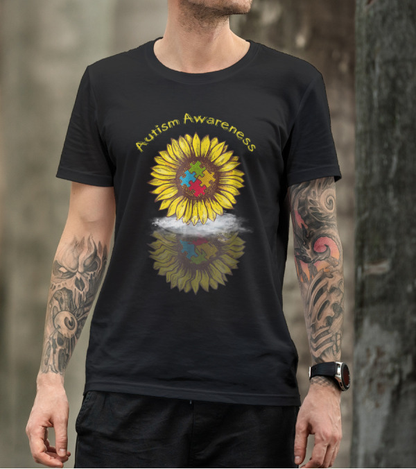 Autism Awareness Sunflower With Puzzle Piece Reflection In Water T-Shirt
