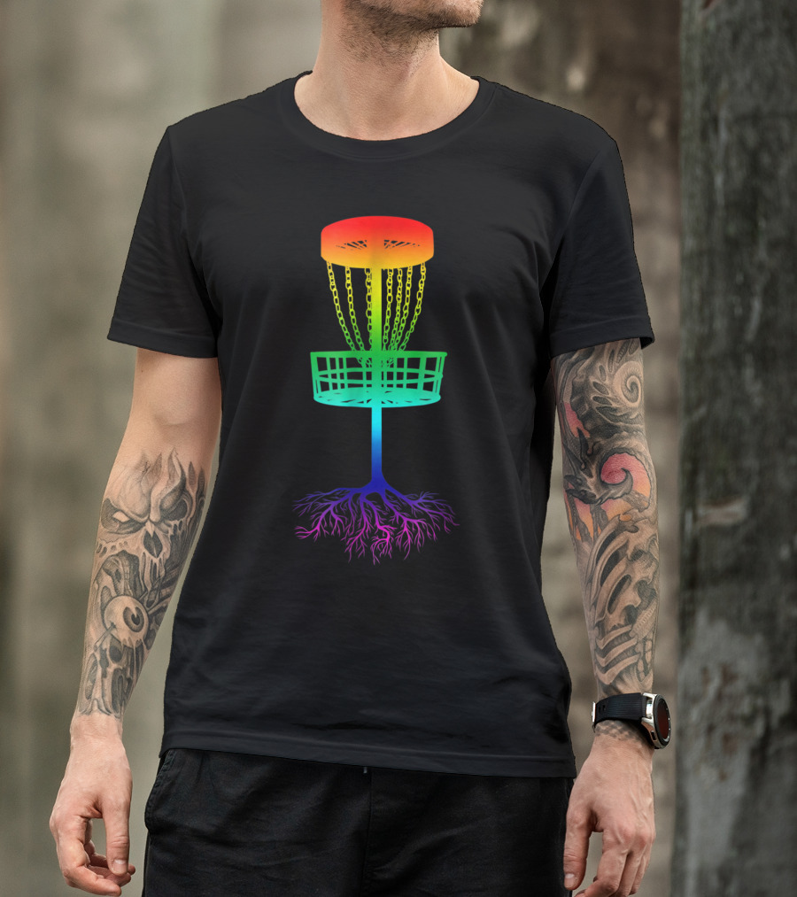 Rainbow Disc Golf Basket With Vibrant Roots T-Shirt