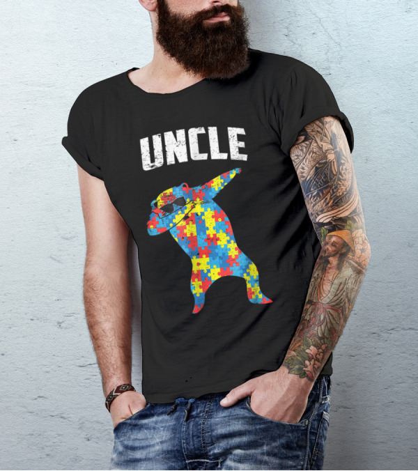 UNCLE Bear Dabbing Puzzle Glasses Autism Mom Dad T-Shirt