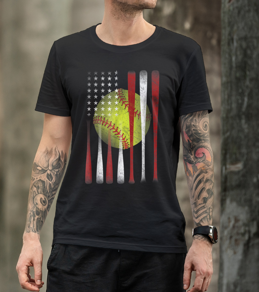 American Flag Softball Vintage Distressed US Flag Bat T-Shirt
