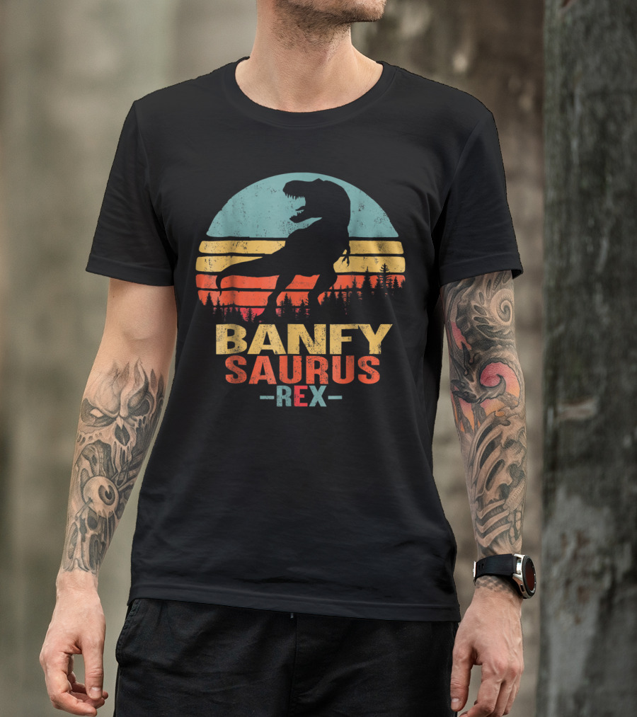 Banfysaurus Rex Dinosaur Men Dad36 Retro Sunset T-Shirt