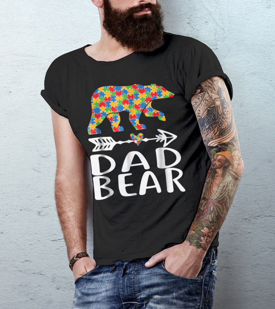 Autism Awareness Bear Puzzle Dad Arrow Heart Family T-Shirt