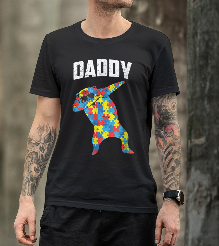 Daddy Bear Autism Puzzle Pattern Dabbing Glasses T-Shirt