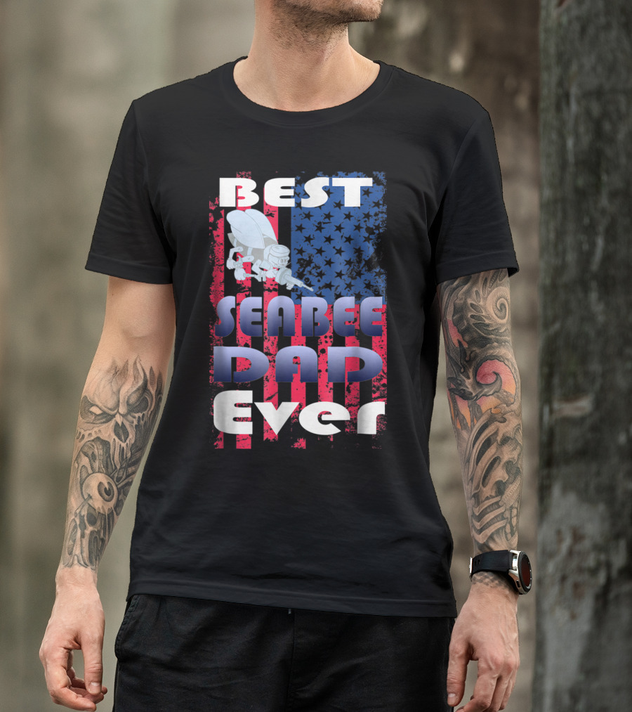 Best Seabee Dad Ever American Flag Bee Mascot T-Shirt
