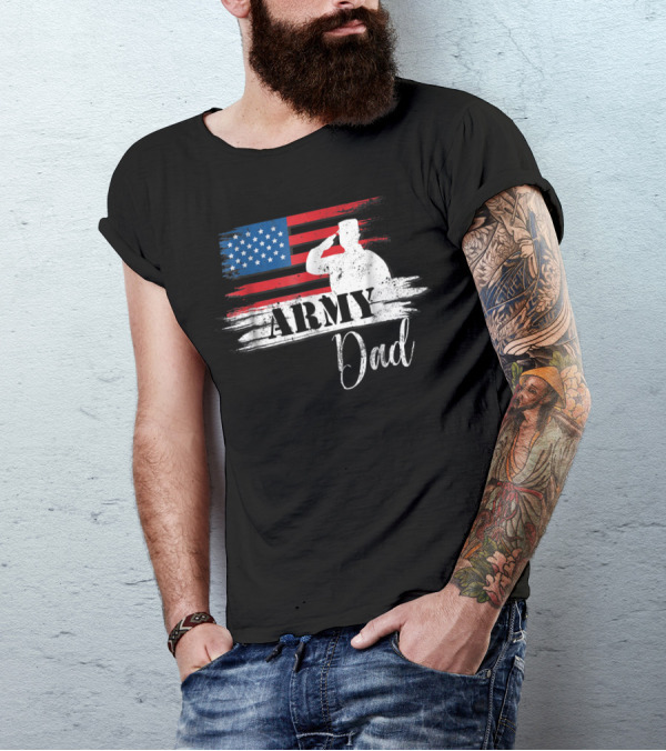 Patriotic Veteran Army Dad Saluting US Flag T-Shirt