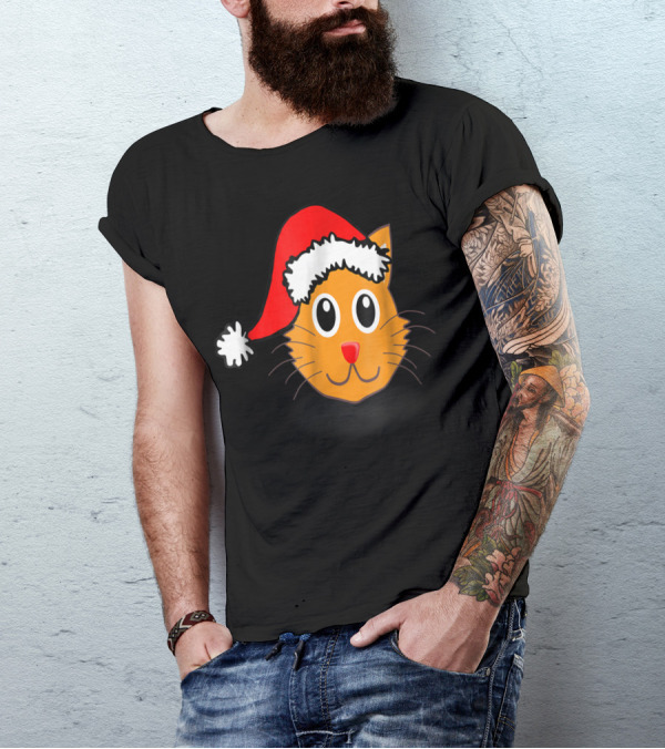 Cat Lover Grandma Kid Grandpa39 Santa Hat Cat Face T-Shirt