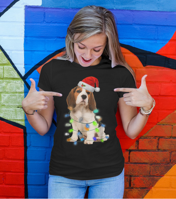 Beagle Wrapped In Christmas Lights With Santa Hat For Mom Women Girl T-Shirt