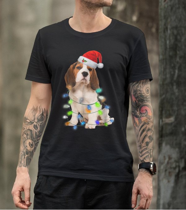 Beagle Wrapped In Christmas Lights With Santa Hat For Mom Women Girl T-Shirt