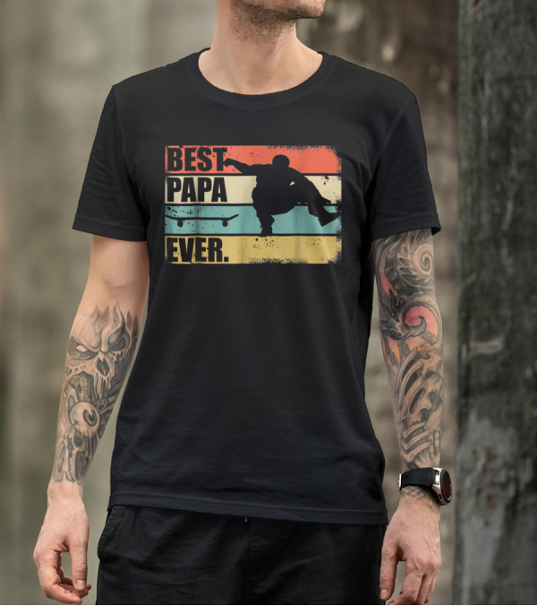Best Papa Ever Skateboarder Silhouette Retro Stripes T-Shirt