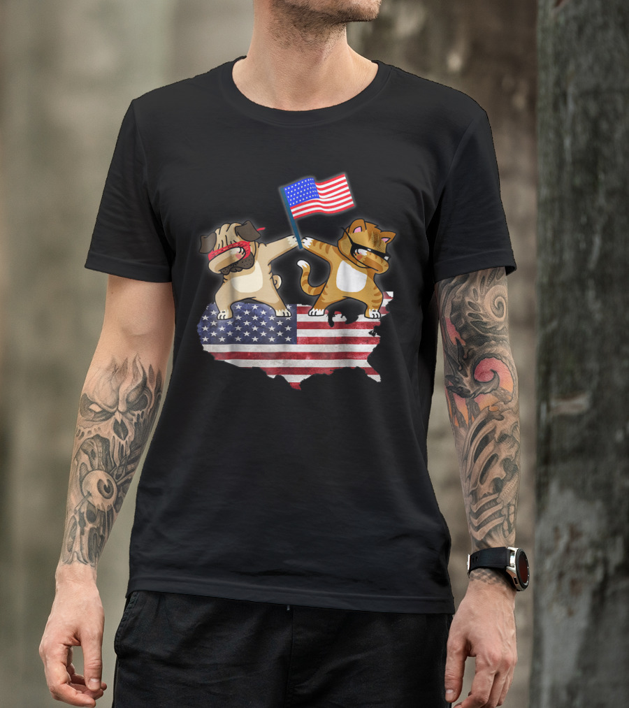 Dad Joke Loading Patriotic Pug And Cat Dabbing With American Flag USA Map T-Shirt