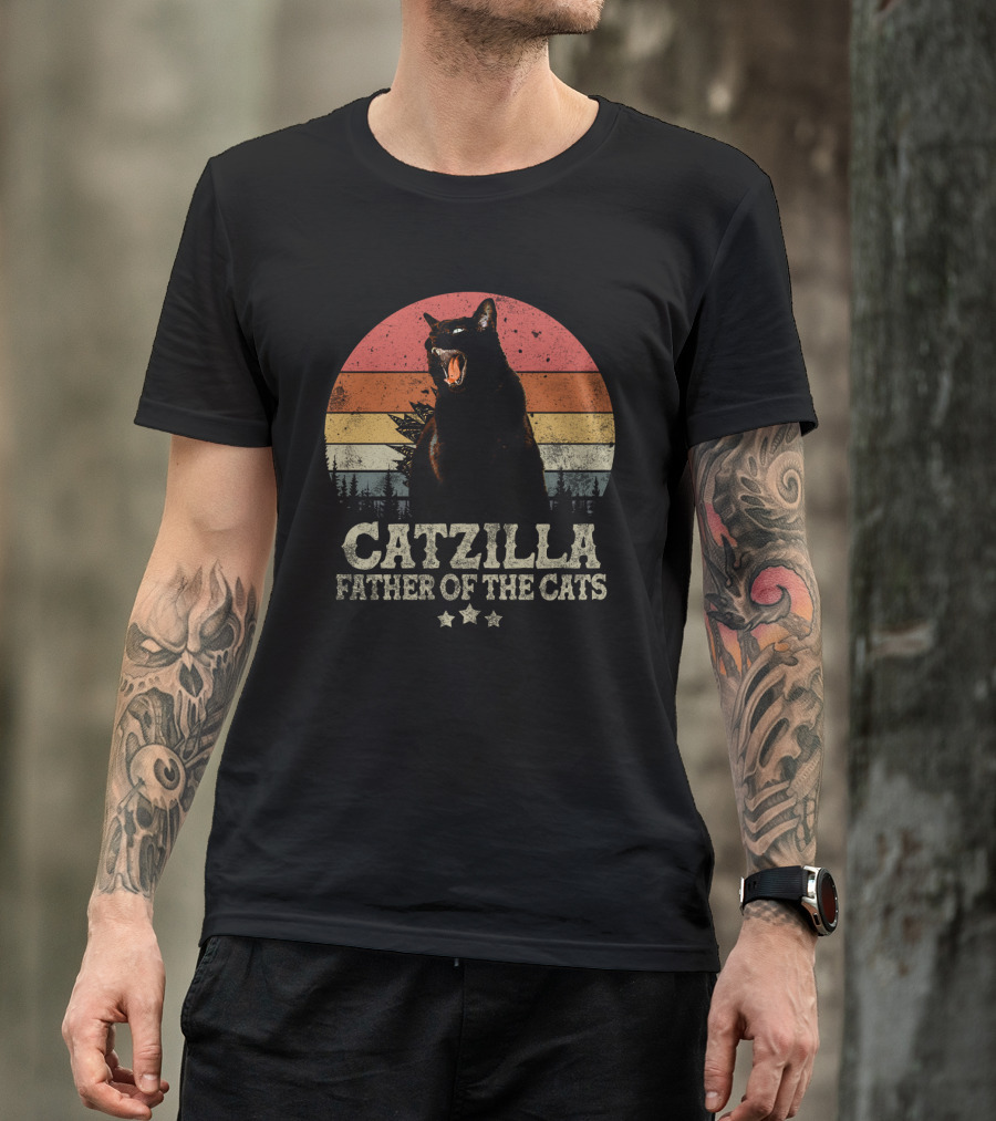 Catzilla Father Of The Cats Retro Sunset Roar T-Shirt