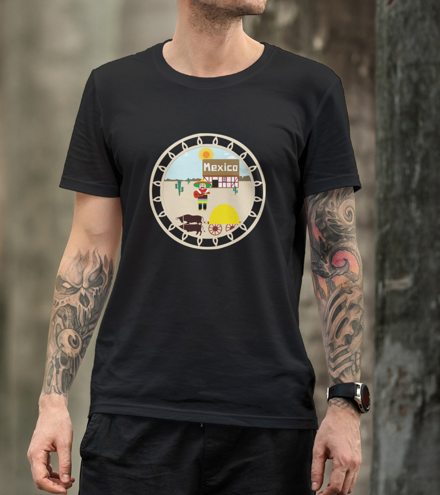 Mexico Village Sun And Sombrero Scene With Donkey Cart And Cactus T-Shirt