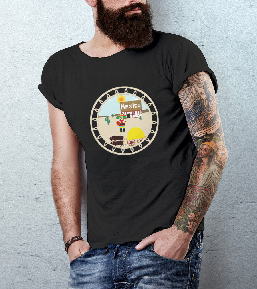 Mexico Village Sun And Sombrero Scene With Donkey Cart And Cactus T-Shirt