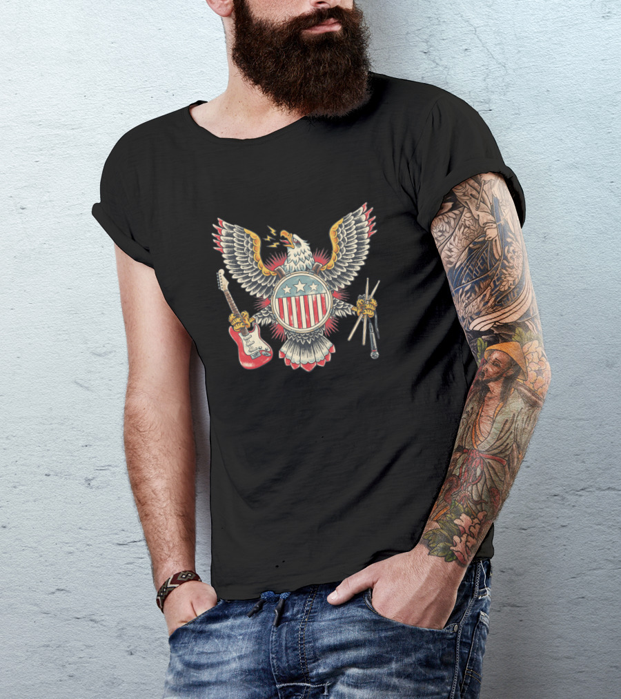 American Rockstar Eagle With Guitar And Drumsticks T-Shirt