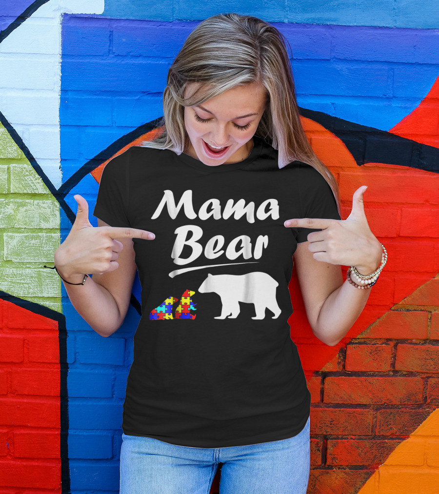 Mama Bear Autism Awareness Mom With Two Puzzle Piece Cubs T-Shirt